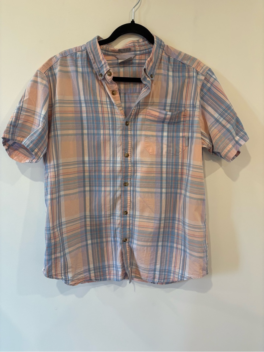 Columbia Men's Short-Sleeve Plaid Button-Down in Peach and Blue